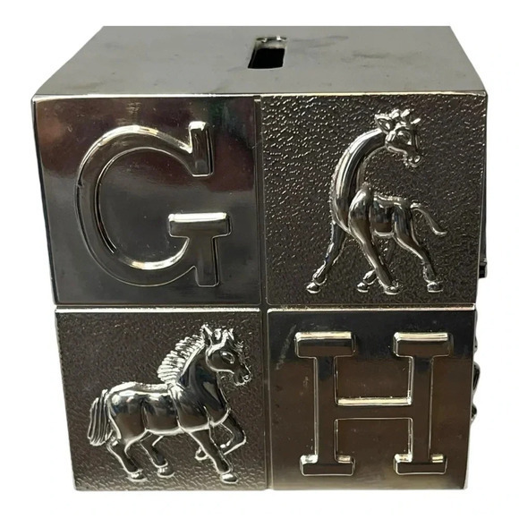 Vintage Silver Alphabet Baby Block Bank Animals Letters 3" Square Cube - Picture 2 of 6
